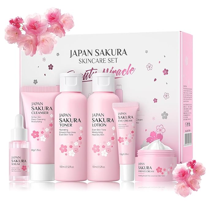 6PCS Sakura Skin Care Set, Skin Care Set Includes Facial Cleanser, Toner, Lotion, Essence, Eye Cream And Face Cream, Beauty Travel Skin Care Gift Set Suitable For Girls