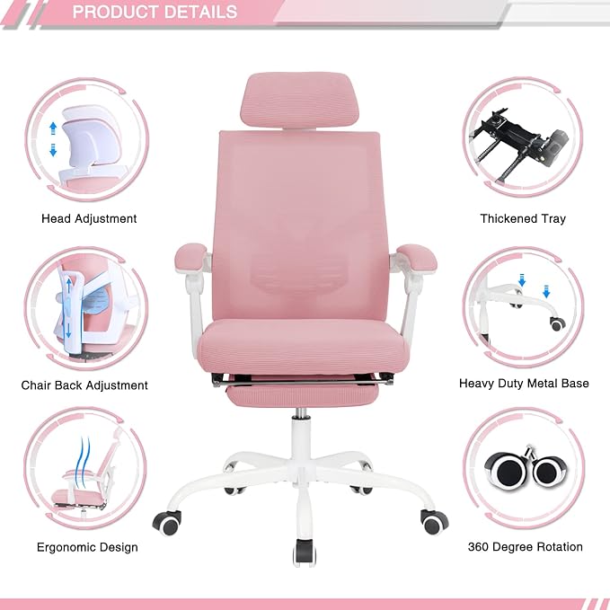 Qulomvs Mesh Ergonomic Office Chair with Footrest Home Office Desk Chair with Headrest and Backrest Adjustable Computer Executive Desk Chair with Wheels 360 Swivel Task Chair