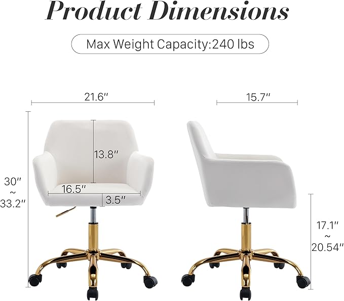 Faux Fur 360°Swivel Desk Chair, Height Adjustable Home Office Armchair with Golden Base for Teens Women Girls, Upholstery Computer Chair for Home Studios, Velvet & White