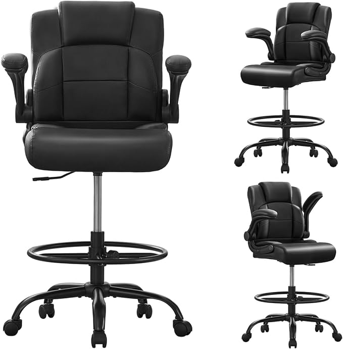 Ergonomic Drafting Chair,Tall Office Chair for Standing Desk with Flip-Up Armrests,Adjustable Foot Ring & Height, High Leather Executive Office Chair for Home,Drawing or Counter Height Use