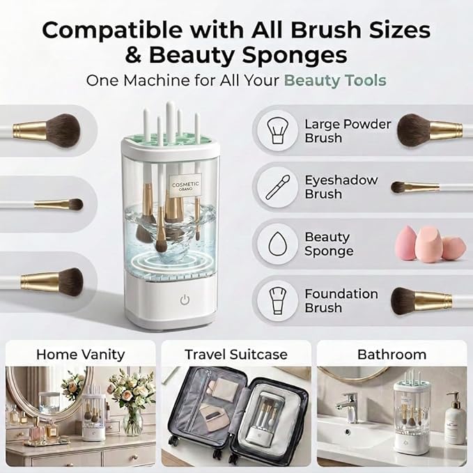 3-in-1 Automatic Makeup Brush Cleaner and Dryer, Electric Makeup Brush Washer Machine with Warm Air Drying, 10000RPM Deep Cleaning, One Button Brush Cleaner for Makeup Brushes Beauty Sponges
