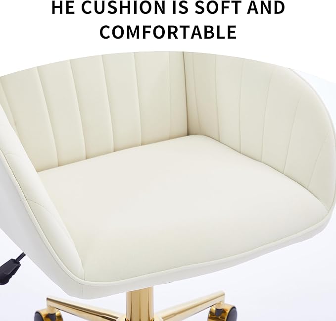 YITAI Velvet Office Desk Chair with Wheels and Gold Base,Modern Height Adjustable 360 Degree Swivel Upholstered Vanity Chairs with Arms for Living Room Bedroom, Study,Cream