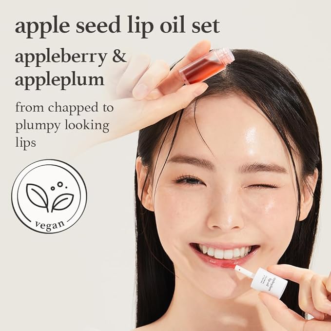 NOONI Vegan Appleseed Lip Oil Set - Appleberry & Appleplum | Long-Lasting, Moisturizing, Plumping, Revitalizing for Dry Lips, Waterproof, No Peel Off, Korean Tint, 0.12 FL Oz x 2ea