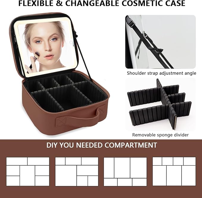 Makeup Bag with Led Mirror,Large Vanity Makeup Cases with 3 Color Setting,Portable Storage and Adjustable Dividers,for Women and Makeup Artists Cosmetic Organizer Travel Makeup Bag-Dark Brown