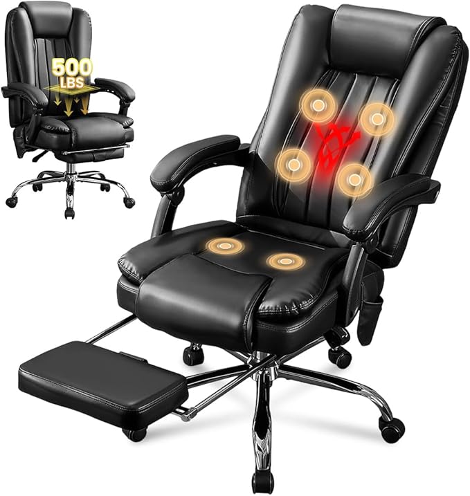 Massage Office Chair with Foot Rest,6 Points Vibration and Heat Ergonomic Executive Desk Chair for Heavy People,500lbs Big and Tall Office Chairs with Reclining High Back for Home Office