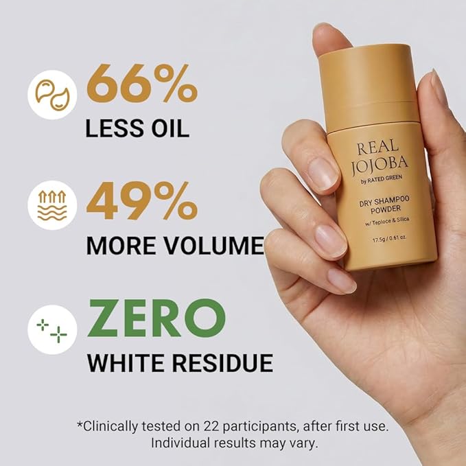 RATED GREEN Jojoba Dry Shampoo Powder for Oily Scalp - Tapioca Silica Oil Control for Greasy Flat Hair - Volumizing Refreshing Treatment, No Residue Puff Type, Korean Hair Care (0.61 oz)