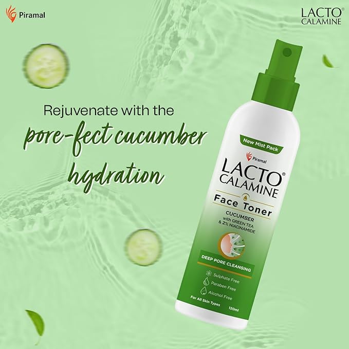 Lact'o Calamin'e Face Toner with Cucumber | 120ml | Deep Pore Cleansing | Open Pores Tightening with Green Tea & 2% Niacinamide for Cool & Hydrated Skin | No Sulphate, No Alcohol, No Parabens