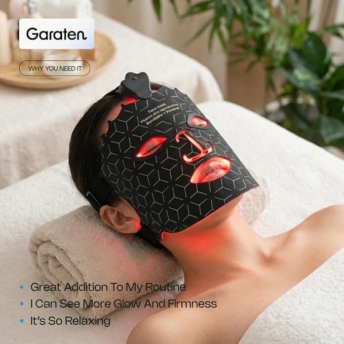 Red Light Face Therapy Mask - Flexible Silicone LED Facial Device for Skin Rejuvenation - Wireless & Rechargeable Home Skincare Tool - Black