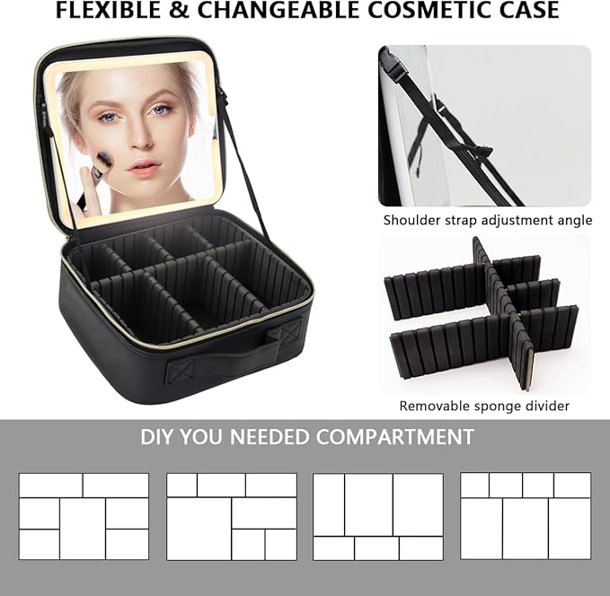 Makeup Bag with Led Mirror,Large Vanity Makeup Cases with 3 Color Setting,Portable Storage and Adjustable Dividers,for Women and Makeup Artists Cosmetic Organizer Travel Makeup Bag-Black