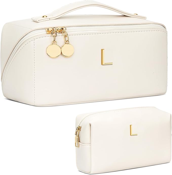 Birthday Gifts for Women Teen Girl, Personalized Initial Makeup Organizer Bag Set, Open Flat Travel Cosmetic Bag With Clear Divider and Handle(Large-Beige,L)