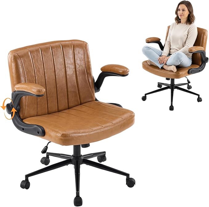VINGLI Criss Cross Chair with Adjustable Flip-Up Arms,Cross Legged Chair with Wheels, Extra Wide Office Chair,Comfortable Desk Chair for Home Office, Vanity, Bedroom,PU Leather,Clay