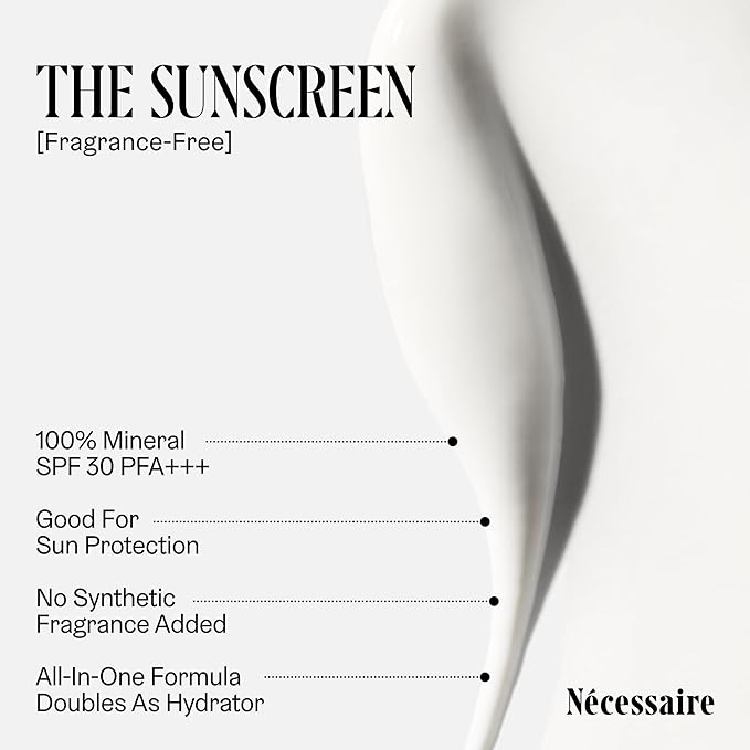 Nécessaire The Mineral Sunscreen SPF 30 PA+++. For The Body. Broad Spectrum. Zinc Oxide, Hyaluronic Acid, Niacinamide. Hydrate. Protect Against Sun Damage + Premature Aging. Dermatologist-Tested 5.1oz