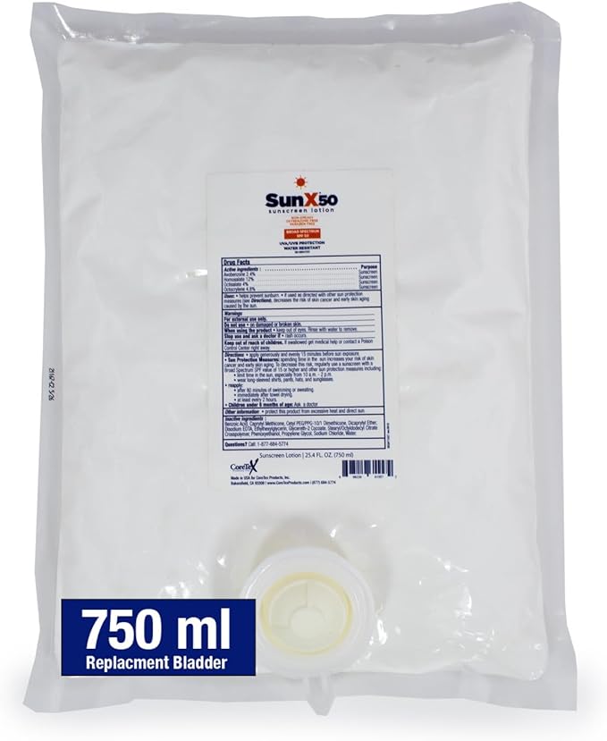 CoreTex Sun X 50 SPF Broad Spectrum Sunscreen Lotion (Refill Bag ONLY) - 25.4oz of Paraben, Oxybenzone, Octinoxate, & Oil Free Sunscreen - No White Cast and Water Resistant Up to 80 Minutes