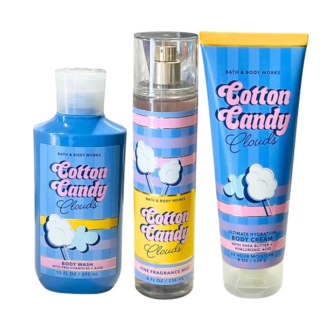 Bath & Body Works COTTON CANDY CLOUDS Fine Fragrance Mist, Ultimate Hydration Body Cream & Body Wash 3pc Gift Set with a Red Bow for Holidays – Full Size
