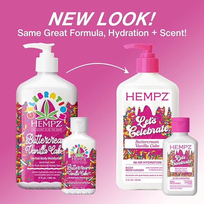 Hempz Body Lotion - Buttercream Vanilla Cake Celebration Limited Edition Daily Moisturizing Cream, Shea Butter, Aloe - Skin Care Products - Travel Size, 2.25 Oz