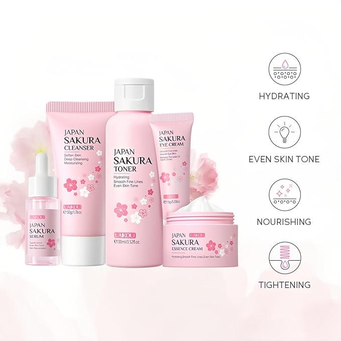 Skincare Set for Women, Skin Moisturizing Kit SAKURA Clean & Care for Teen Girls, Travel Daily Hydration Glowing Kit| Cleanser Toner Serum Eye Cream Face Cream (5PCS)