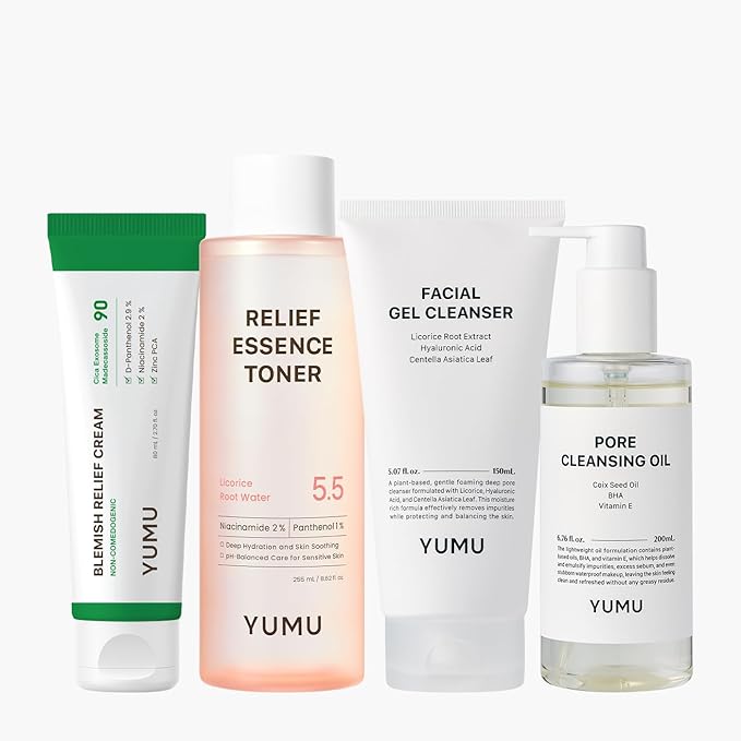 YUMU Glow Essential Set, 4-Step Skincare Routine for Sensitive Skin, Double Cleansing with Cleansing Oil & Cleanser, Essence Toner & Zinc Cream, Korean Skincare