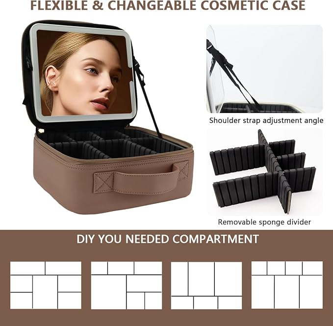 Makeup Bag with Mirror,with Mirror 3 Color Setting and Detachable 10x Magnifying Mirror Large Vanity Makeup Cases,Portable Storage and Adjustable Dividers, for Women and Makeup Artists-Mocha
