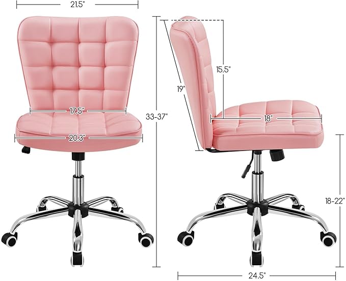 Yaheetech ModernTufted Armless Desk Office Chair Faux Leather Upholstered Computer Chair with Adjustable Seat Height and Rolling Wheels for Home/Office, Pink