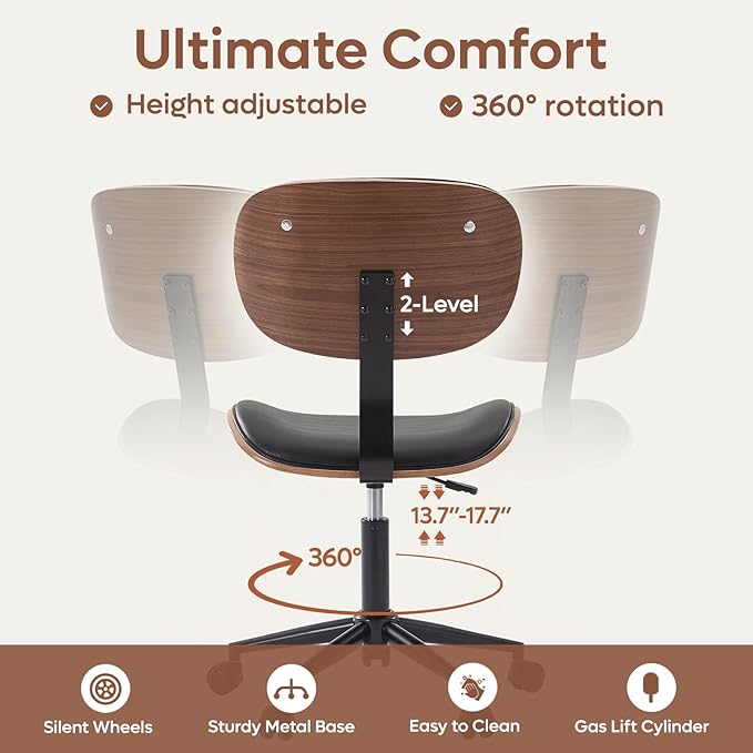 Bestier Small Office Chair with Bentwood Back Support, Armless Desk Chair with 360° Swivel, Height Adjustable Computer Chair with Wheels, PU Leather Modern for Office, Small Space, Black