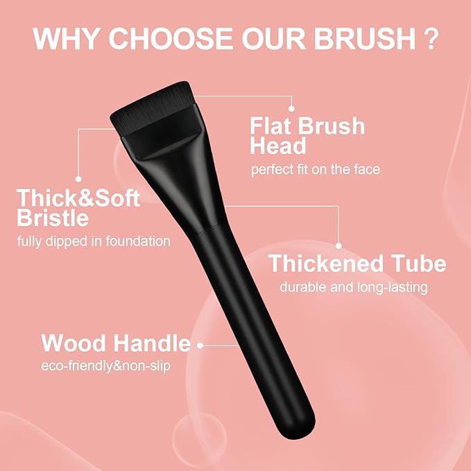 Flat Foundation Brush with Puff, Beautyfactor Ultral Thin Spatula Makeup Brush with Sponge for Liquid Makeup | Fast Flawless Korean Kabuki Brushes for Blending, Liquid, Cream, Blush, Buffing（Black）