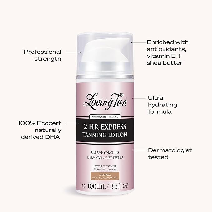 Loving Tan NEW 2 Hr Express Self Tanning Body Lotion, Medium - Hydrating Natural-Looking Glow Sunless Self Tanner, Streak-Free, Dermatologist Tested, Lightweight, Vegan and Cruelty-Free - 3.3 fl oz