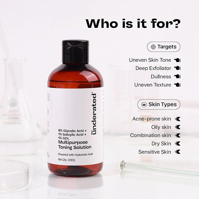 Multipurpose Toning Solution with 8% Glycolic Acid, 1% Salicylic Acid & 1% GDL | Gentle Exfoliating Liquid for Clear, Refreshed Skin | 200g