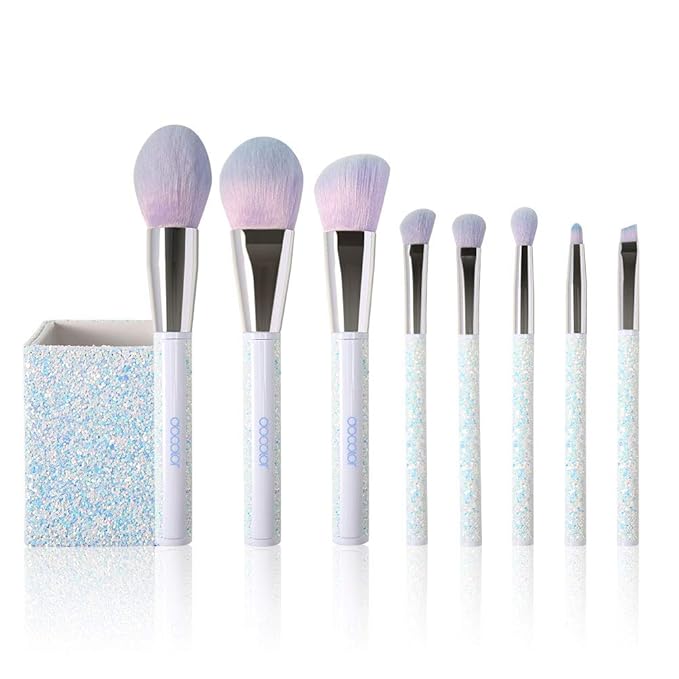 docolor 8PCS Glitter Makeup Brushes with Holder, Make Up Brush Set for Foundation Contour Blush Eyeshadow Eyebrow Bronzer Blending, Soft Synthetic Bristles (White)