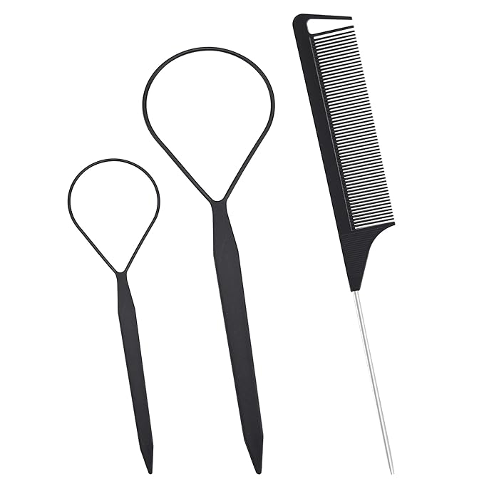 Quacc 3 PCS Hair Styling Tool Set Topsy Tail Hair Tools with Tail Comb (Black)