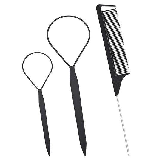 Quacc 3 PCS Hair Styling Tool Set Topsy Tail Hair Tools with Tail Comb (Black)