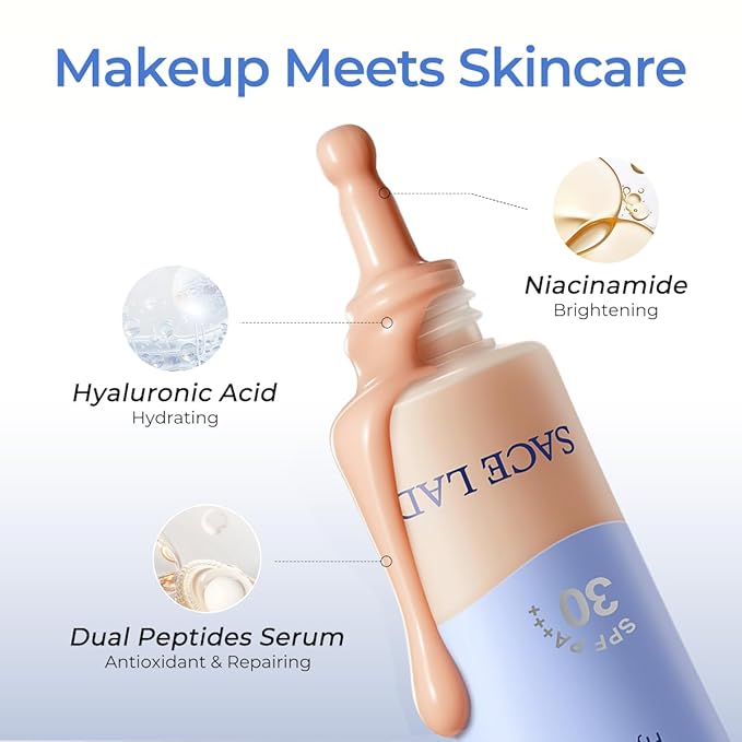 SACE LADY Bare Touch Skin Tint SPF 30, Skin-Like Serum Tinted Moisturizer Lasts Up to 16HR, Lightweight Natural Matte Glow Finish, Infused with Peptides and Hyaluronic Acid (#05 Golden Buff)
