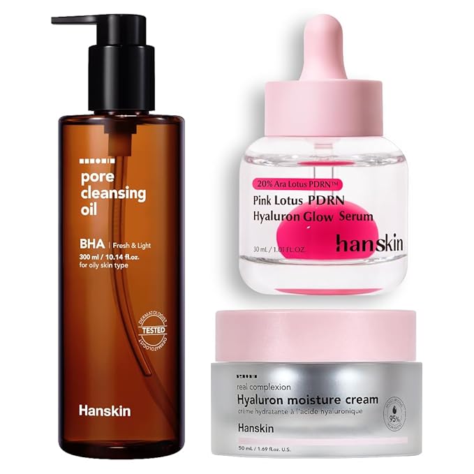 Hanskin Korean Pore Care & Glow Skincare Set – BHA Cleansing Oil, Pink Lotus Vegan PDRN Serum & Hyaluron Moisture Cream | 3-Step Hydrating Glass Skin Routine for Oily & Combination Skin