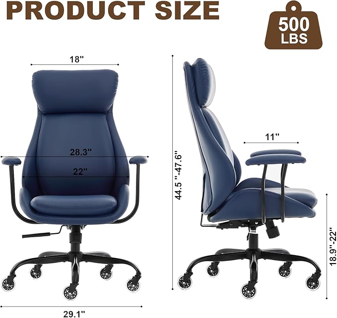 Office Chair, Leather Desk Chair with Rubber Wheels, Ergonomic Computer Chair 500 LBS with Lumbar Support, High Back Executive Chair for Modern Home Office, Blue