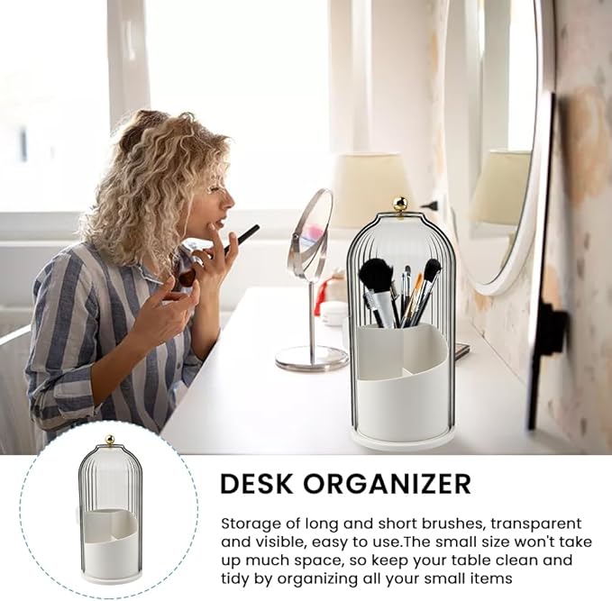 Makeup Brush Holder with Lid, 360 Rotating Sliding Opening Cosmetic Tools Organizer, Waterproof Dustproof Makeup Brush Organizer for Vanity Desktop Bathroom Countertop(COLOR:White And Clear)