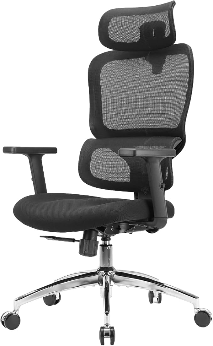 SIHOO Ergonomic Office Chair, High Back Desk Chair, Lumbar Support, Swivel Computer Task Chair with Adjustable Headrest, Tilt Function,Dark Black