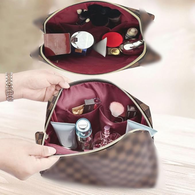 bopomofo Brown Checkered Cosmetic Bag 3 Pack,1 Big Pouch,1 Makeup Brushes Holder, 1 Coin Purse,Portable Travel Makeup Bag Set Lightweight and Waterproof Storage Bag Organizer (Brown Checkered 3 Pcs)