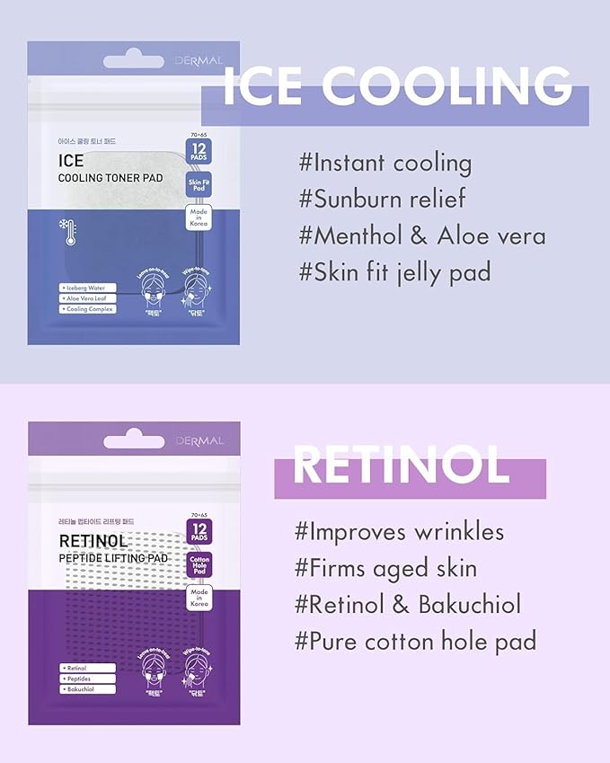 DERMAL 6 Types Toner Pad Trial Kit Portable Travel Combo Set - Ice Cooling, Collagen, Retinol, Madecassoside, Tea Tree, Vitamin Korean Face Toner Pads, 12 Pads x 6 Pack