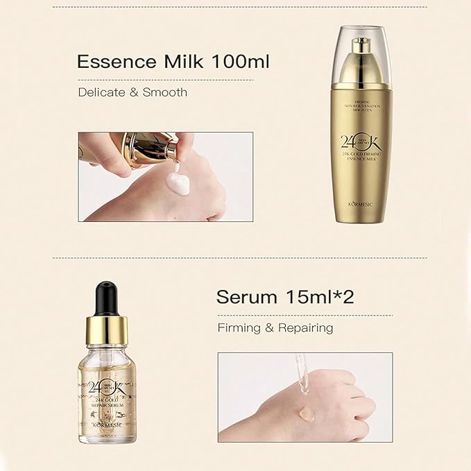 Women’s Gold Skin Care Set 6-Piece Collection - 24K Anti-Aging Skincare Kit: Facial Cleanser, Face Serum 2pcs, Eye Cream, Essence Milk, Toner, Anti-Aging Skin Care Kit for Women