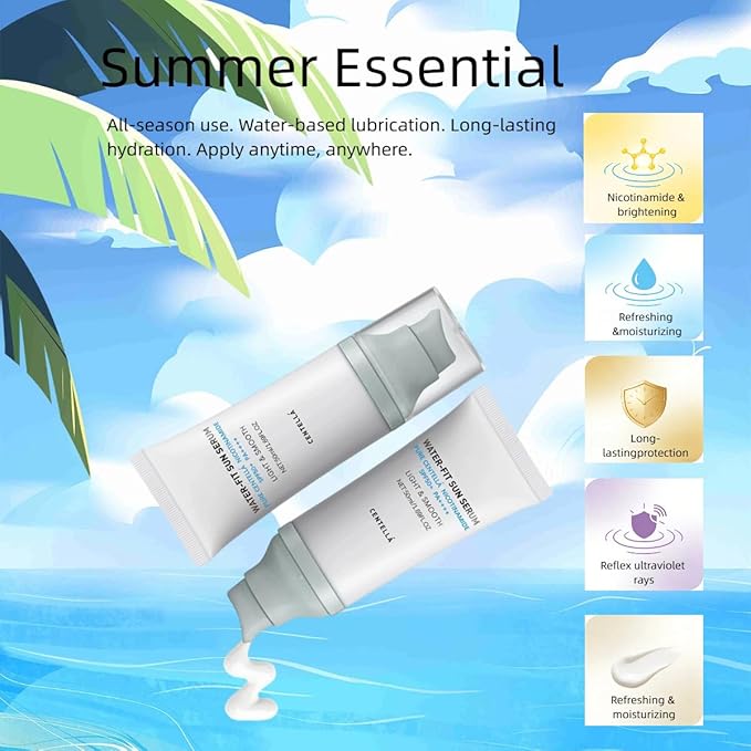 Centella Sunscreen SPF 50 PA++++:Hyalu Cica Water-Fit Sun Serum.long-lasting protection,moisturizing formula is light & smooth, No White Cast for All Skin Type and UV Defense.