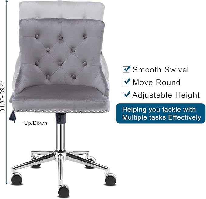 VINGLI Grey Velvet Armless Home Office Desk Chair with Silver Chrome Base/Wheels, Small Cute Vanity/Makeup Chair with Back for Bedroom, Upholstered Adjustable Rolling Swivel Nail Chair for Women/Girls