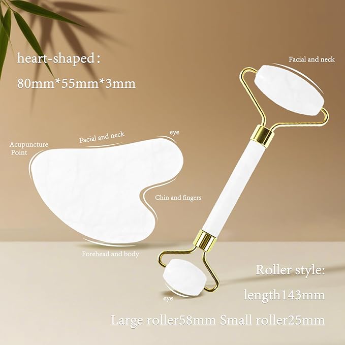 Jade Roller Gua Sha Tools – Nature Gua Sha Facial Tool Skin Tightening Face Massager Anti-Aging Jade Face Roller Puffiness Reducing Guasha Stone for Women Men 2-Color Pack(G/W)
