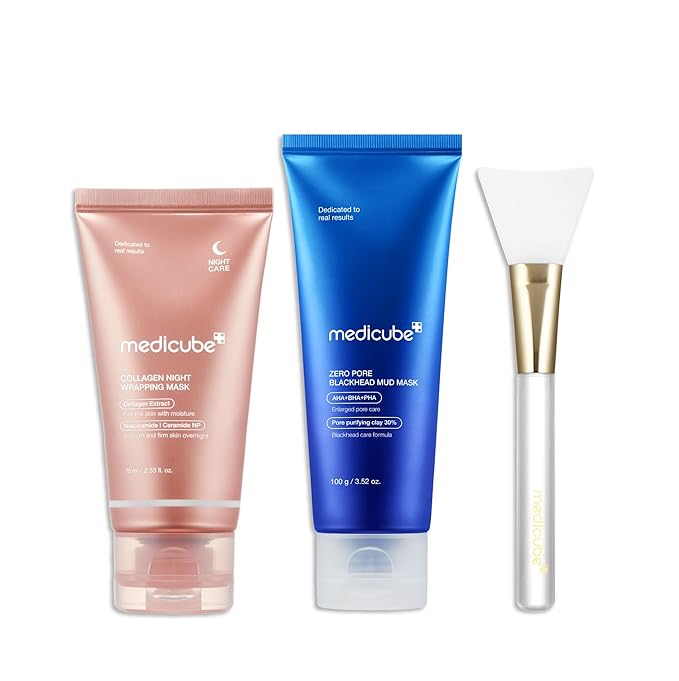 Medicube Korean Viral Glass Skin Mask Duo: Collagen Overnight Wrapping Peel Off Facial Mask Pack and Zero Pore Blackhead Mud Facial Mask and Jelly Brush | Gifts for Women, Skin Care Set