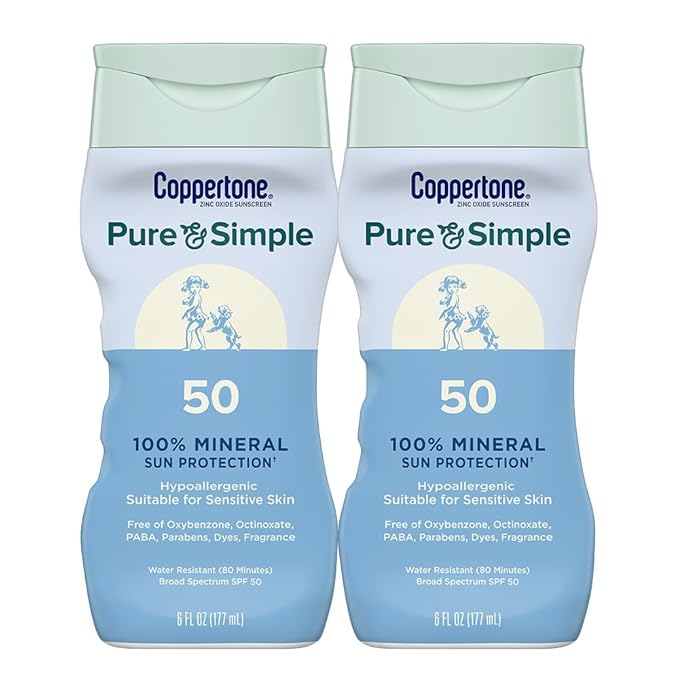 Coppertone Pure and Simple Zinc Oxide Mineral Sunscreen Lotion SPF 50, Water Resistant Sunscreen for Sensitive Skin, Hypoallergenic and Fragrance Free, 6 Fl Oz Bottle, Pack of 2