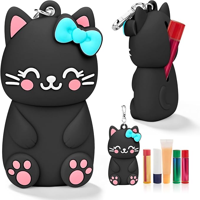 BrainKer Chapstick Holder Key Chain Cute Cartoon Design Lip Balm Holder Keychain Storage Bag Silicone Lip Gloss Holder Case
