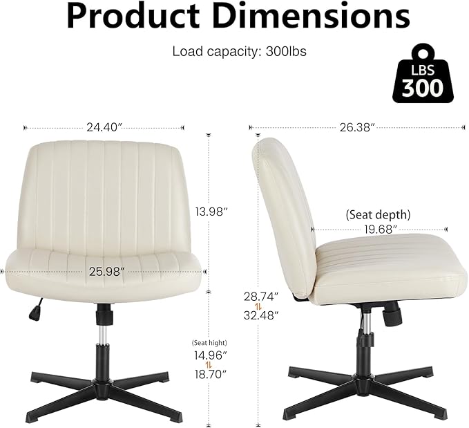 Sweetcrispy Criss Cross Chair Legged, Armless Office Wide Desk Chair No Wheels, PU Leather Swivel Vanity Height Adjustable Fabric Modern Computer Task Seating for Home - Beige