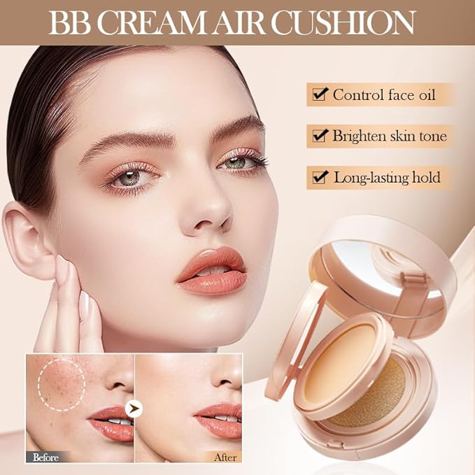 2 In 1 Cushion Foundation Makeup Double Layer Air Cushion BB Cream & Oil-Control Setting Powder, Concealer Full Coverage, Long-Lasting and Even For All Skin Types (Natural)