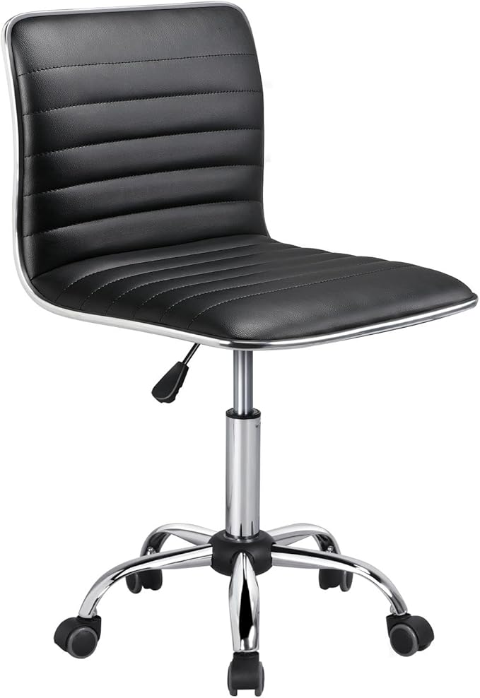 Yaheetech Adjustable Task Chair PU Leather Low Back Ribbed Armless Swivel Black Desk Chair Office Chair Wheels