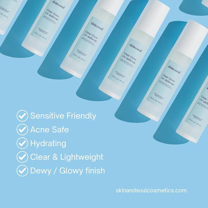 Skin & Soul Clear Glow UV Defense SPF 50 – Lightweight Sunscreen for Sensitive & Acne-Prone Skin – Vitamin C, Hyaluronic Acid & Green Tea – No White Cast – 1 fl oz