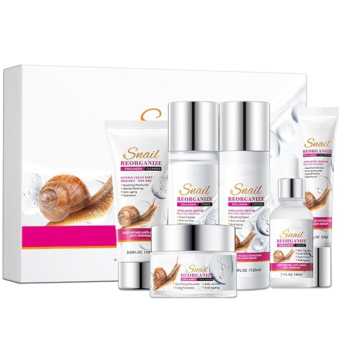 Snail Collagen Skincare Set, 6-Piece Anti-Aging Routine Kit with Cleanser, Toner, Lotion, Eye Cream, Serum, Cream, Moisturizing & Soothing Kit for Women & Men, Firms Skin & Reduces Fine Lines
