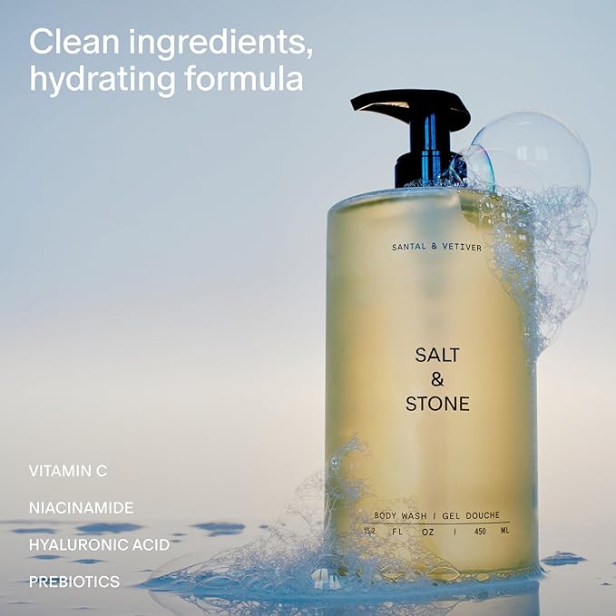Salt & Stone Body Wash with Antioxidants for Deep Moisture | For Women & Men, Sulfate, Paraben, & Dye Free, Leaving Skin Soft and Hydrated | Santal & Vetiver 15.2 fl oz